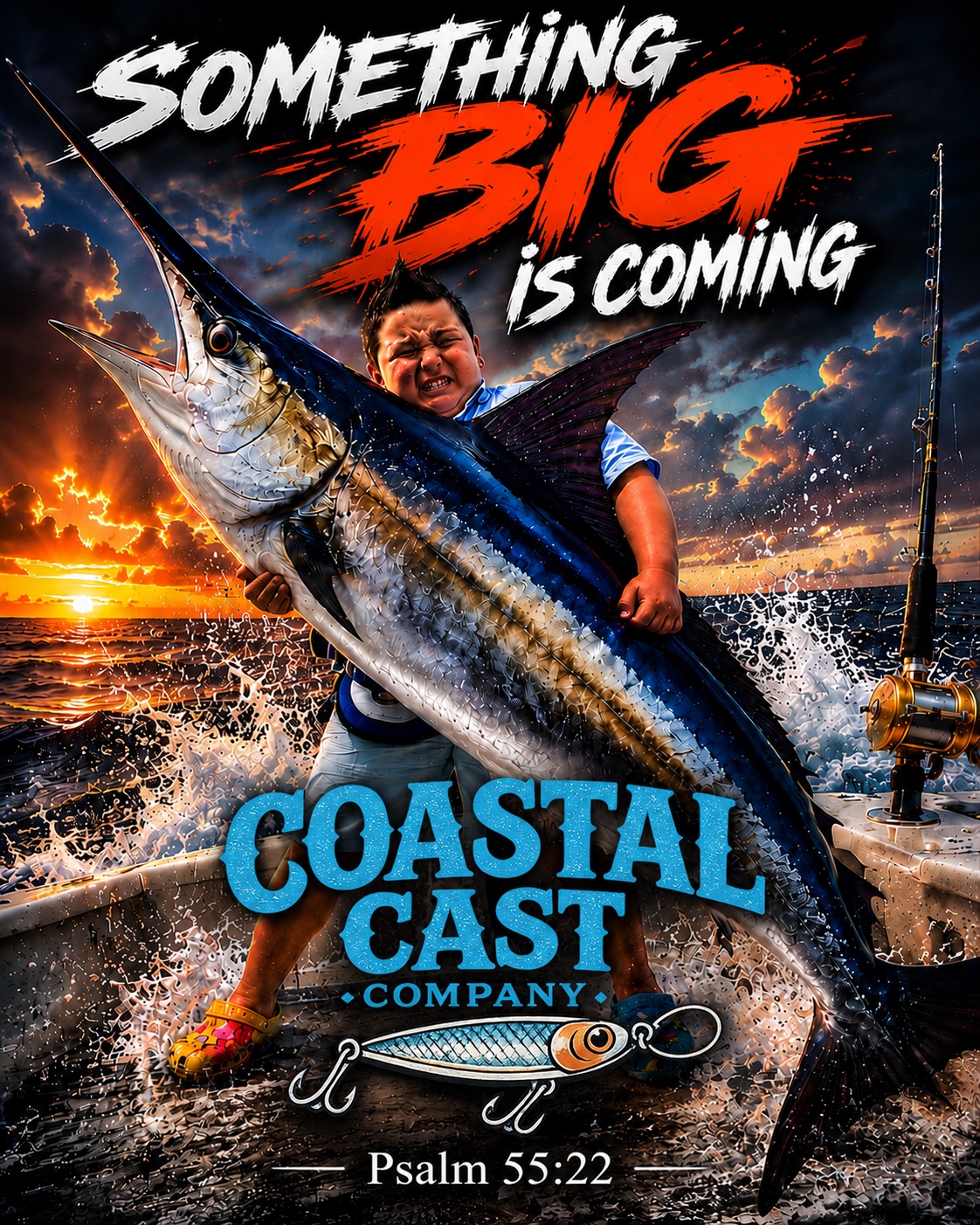 Coastal Cast Company launch artwork featuring a young angler and a large marlin at sunset