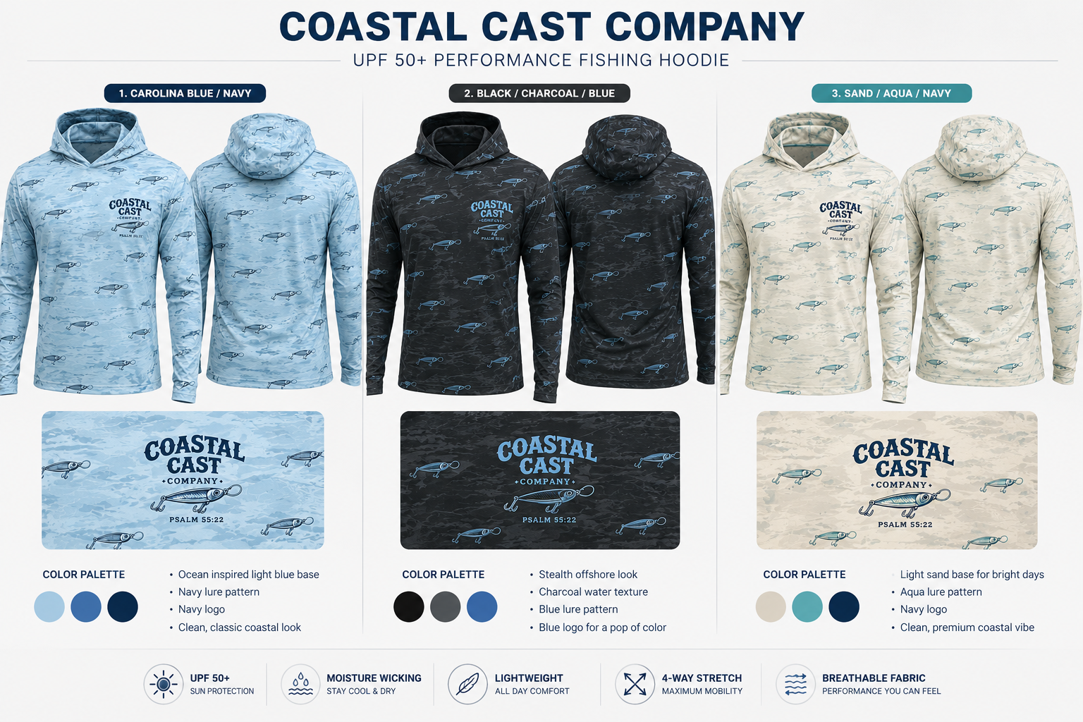 Coastal Cast performance hoodie colorway design sheet