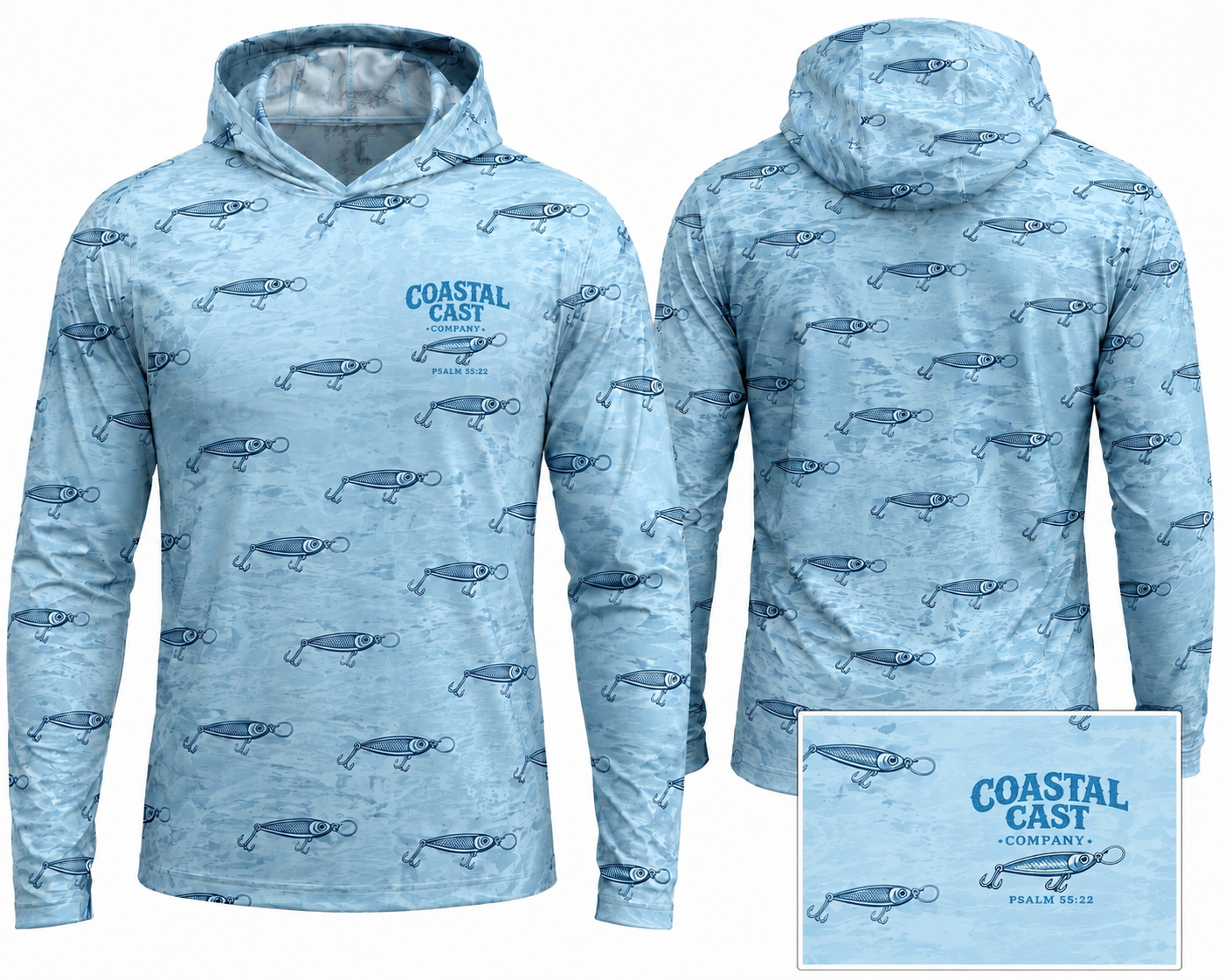 Light blue Coastal Cast fishing hoodie with repeating lure pattern