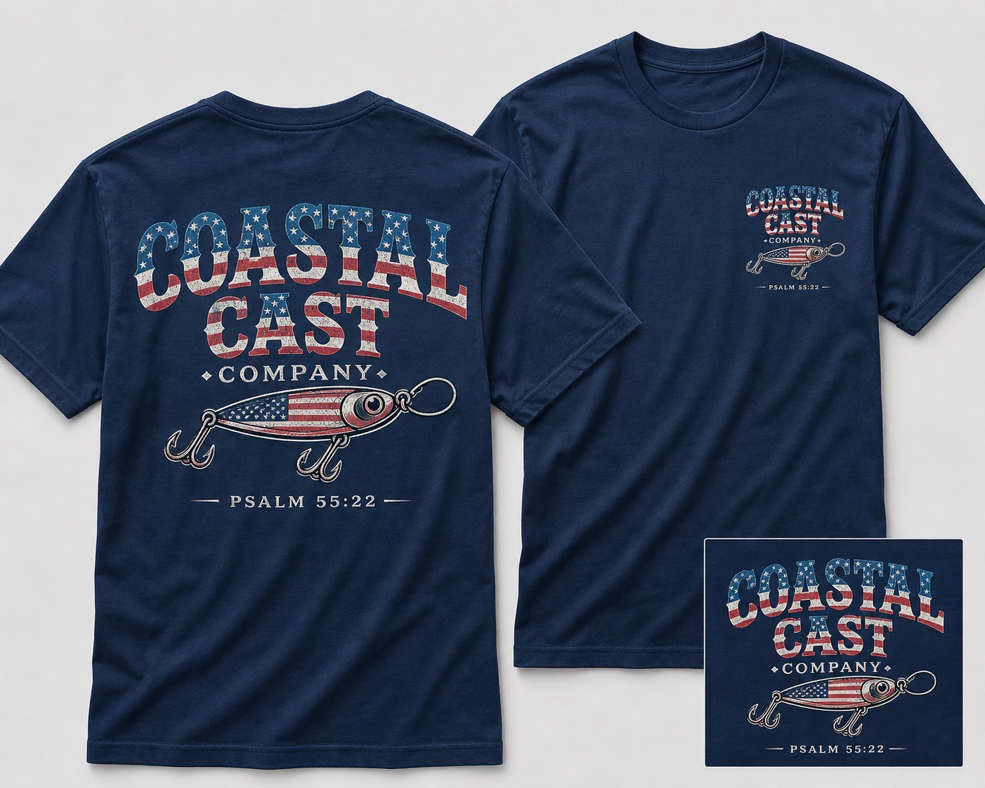 Coastal Cast Company Patriotic Logo T-Shirt in navy with front and back views