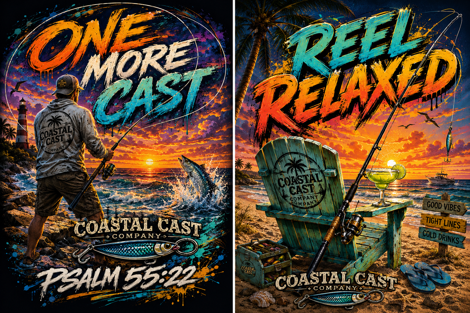 Coastal Cast One More Cast and Reel Relaxed sunset graphic designs